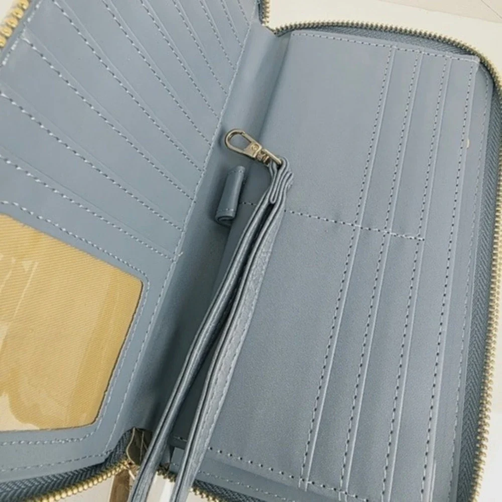 Long Zip Continental Organizer Wallet Blue Vegan Leather Minimalist Quiet Luxury